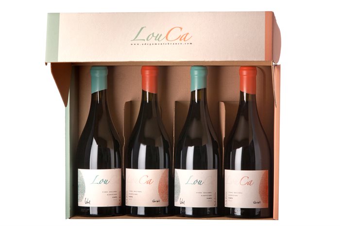 4 flasker rødvin Louca med gaveæske